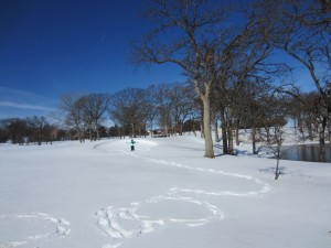 Then, some snow writing on the 16th fairway. It says "I love you," according to M.